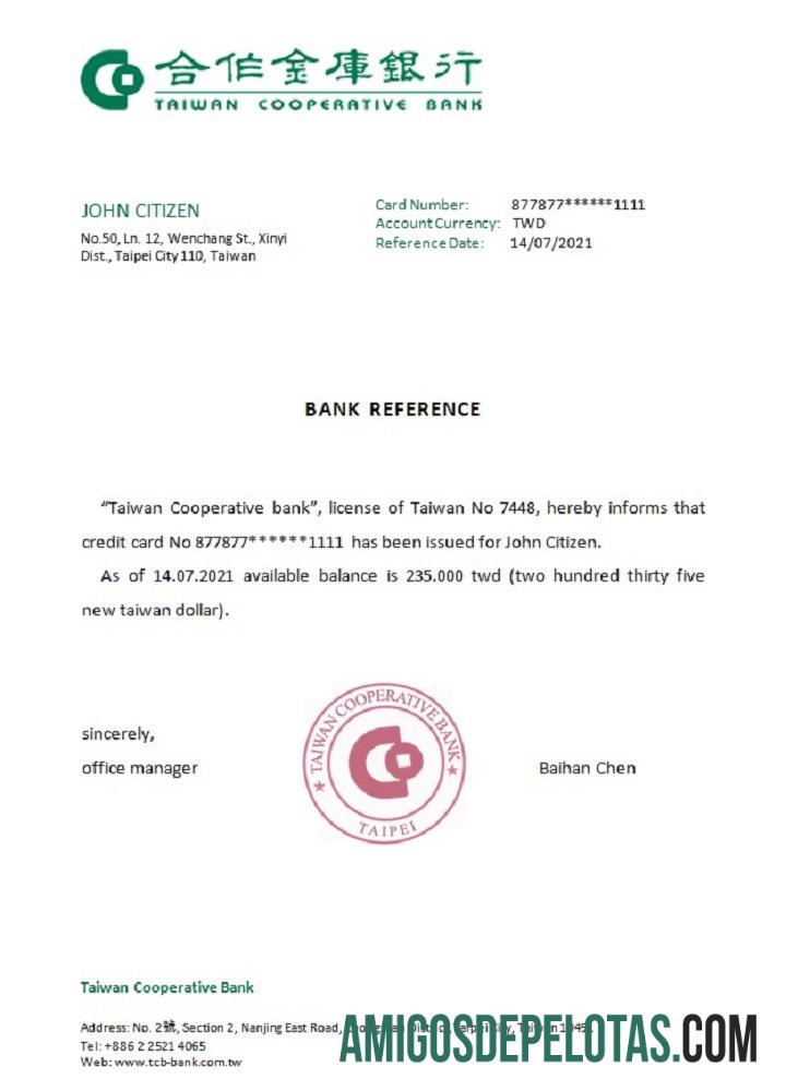 Referência do Banco Cooperativo de Taiwan Taiwan amostra